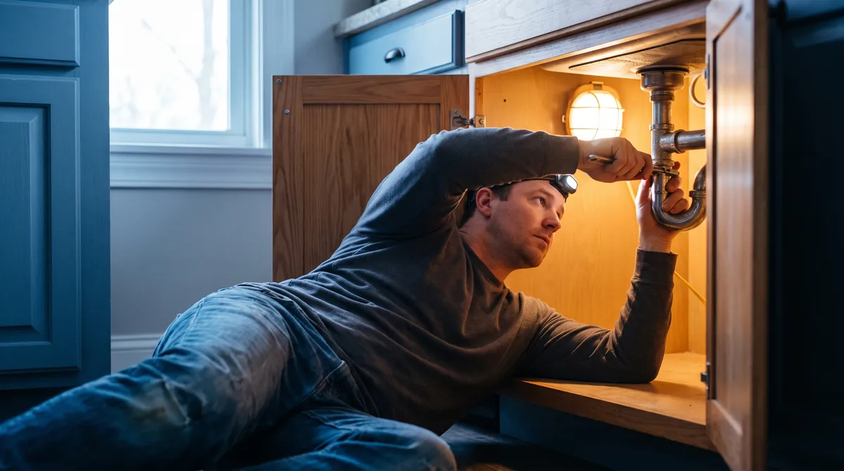 A plumber lying on his back under a kitchen sink, working a wrench on a trap fitting by the light of a headlamp.